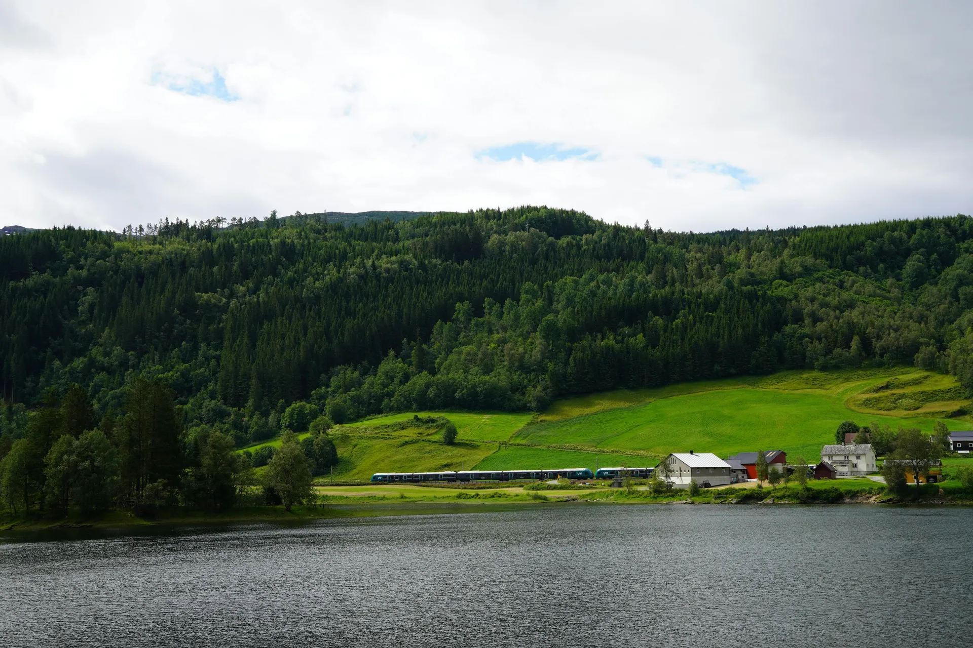 Tog gjennom grønn norsk bygd